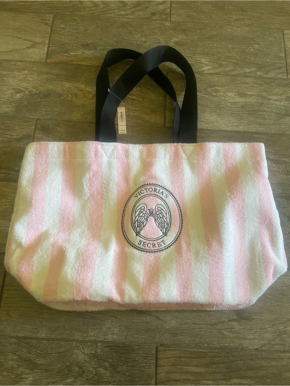 Victoria's Secret Pink & White Striped Tote with Black Handles